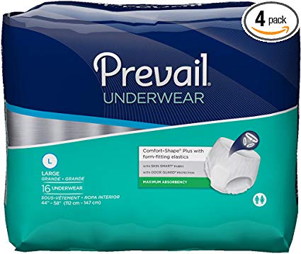 Prevail Maximum Absorbency Incontinence Underwear Large 16 Count (Pack of 4) Breathable Rapid Absorption Discreet Comfort Fit Adult Diapers