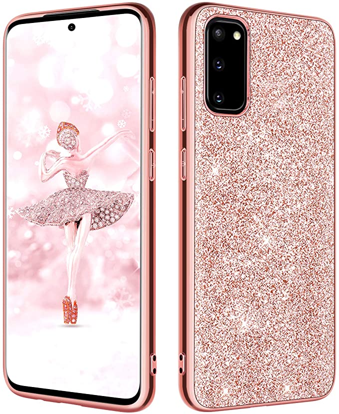 DUEDUE Galaxy S20 Case, Glitter Bling Slim Hybrid Hard PC Cover Shockproof Non-Slip Full Body Protective Phone Cover for Samsung Galaxy S20 5G for Women/Girls, Rose Gold