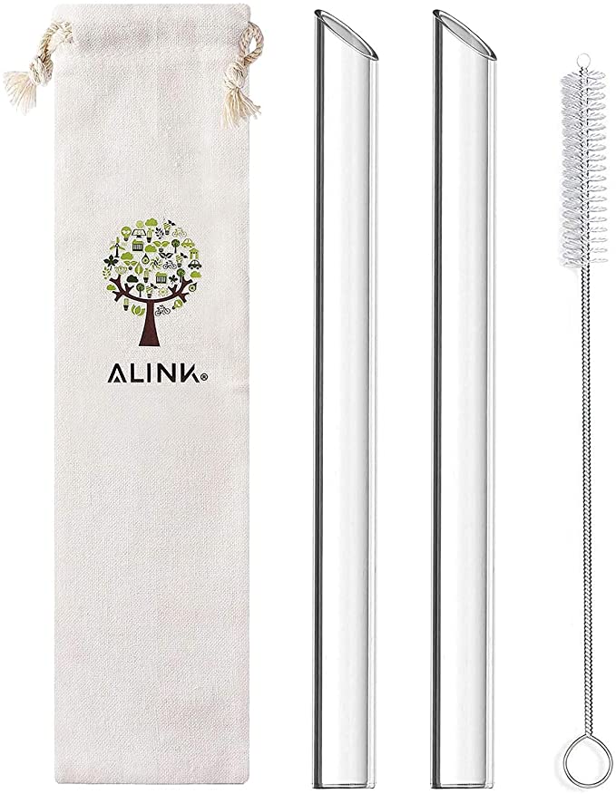 ALINK Glass Boba Straws, 14mm Extra Wide Clear Straws for Smoothies, Bubble Tea, Pack of 2 with Carrying Case and Cleaning Brush