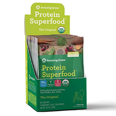 Amazing Grass Organic Plant Based Vegan Protein Superfood Powder, Flavor: Original, 10 Count Box, 1.02oz Individual Serving, Meal Replacement Shake