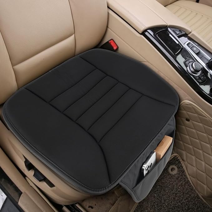 Car Seat Cushion Laelr Car Seat Cushion Pad with with Front Pocket Driver Seat Cushion with 1.2inch Comfort Memory Foam Non-Slip Bottom Universal Comfort Seat Protector for Car Truck SUV Office Chair