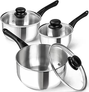 MICHELANGELO Stainless Steel Saucepan with Lid 6pcs, Triple Base Stainless Steel Pot Set, Saucepan Set with Bakelite Handle - 1QT & 2QT & 3QT