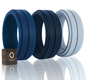 Silicone Weddings Rings for Men by ARUA. 3-PACK. Comfortable and Durable Rubber Wedding Bands for Sports, Gym, Outdoors. 2mm thick. Black, Grey, Dark Blue.