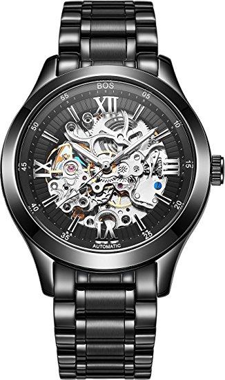 BOS Men's Automatic self-wind mechanical Pointer Skeleton Watch Black Dial Stainless Steel Band 9008