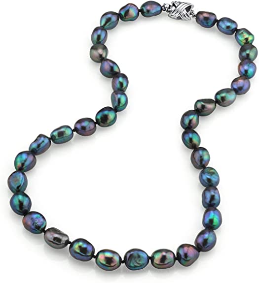 THE PEARL SOURCE Sterling Silver 9-10mm AAA Quality Baroque Black Freshwater Cultured Pearl Necklace for Women
