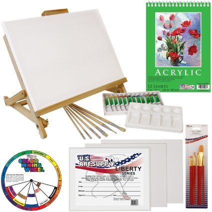 US Art Supply 33 Piece Custom Artist Acrylic Painting Set with Table Easel Paint Canvas and Accessories