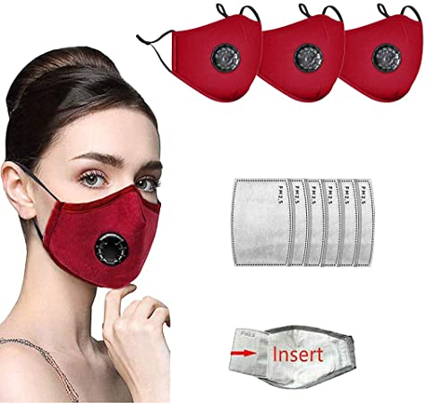 Adults Face Bandanas with Breathing valve   Activated Carbon Filter Replaceable, Haze Dust (3pcs   6 Filter, Red)