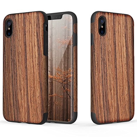 iPhone X Case, ROCK [Grained] - Rose Wood [Origin] [Non Slip] [Bulit-in Magnetic Metal Plate] [Wood Tactile] [Natural Wood and TPU Rubber] [Fingerprint Free] Case For Apple iPhone X