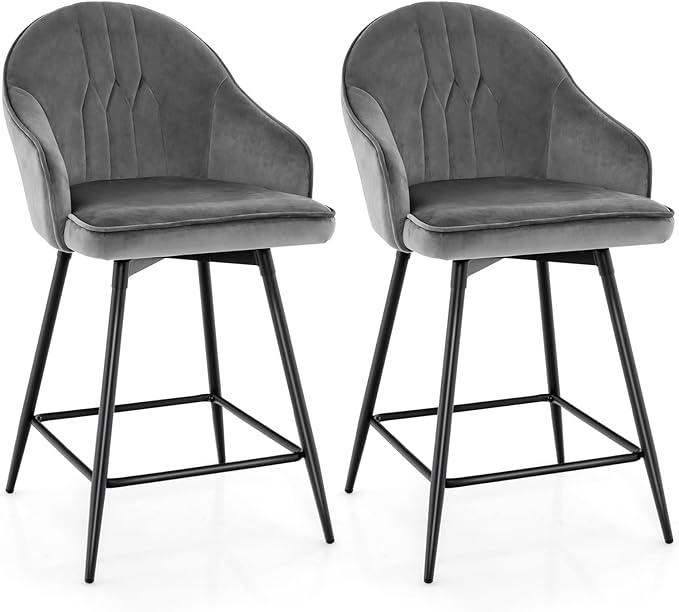 COSTWAY Bar Stools Set of 2, 360-degree Swivel Stools, 24'' Counter Height Velvet Upholstery Bar Chairs with Steel Legs & Footrest, Modern Low Back Bar Chairs for Kitchen, Pub, Bistro, Grey (2, 24'')