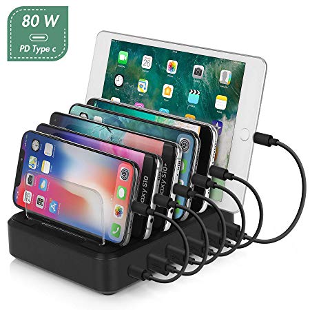 USB Charging Station for Multiple Devices,80W 6 Port Detachable Charging Stand,Type C PD 45W Fast Charge Compatible with MacBook,iPad,iPhone 11/11 Pro/Max/XS/XR/X/8,Samsung S10/S9/S8/Note 9 and More