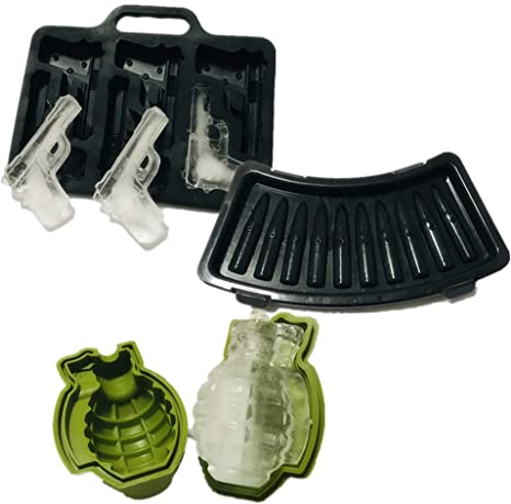 (3 Pack) Ice Cube Mold Set, 3D Silicone & Plastic Weapon Series for Ice Ball, Cake & Chocolate Maker, Contains a Silicone Grenade Mould, a Silicone Pistol Gun Mould and a Plastic Bullet Mould (Type 1)