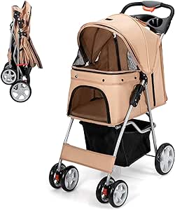 COSTWAY Folding Pet Stroller, 4 Lockable Wheels Dog Travel Pushchair Cat Buggy with Safety Belt, Adjustable Canopy, Cup Holder & Storage Basket, Dogs Cats Prams for Small Medium Pets (Beige)