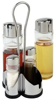 WIN-WARE Complete Cruet Set and Stand/Table Organiser. Inlcudes Vinegar Jars, Salt and Pepper shakers (with Stainless Steel lids) and a Stand to Hold it All