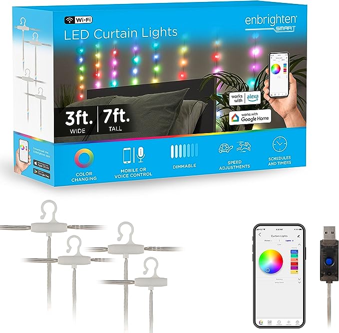 Enbrighten LED Wi-Fi Smart Curtain Lights, Color Changing, USB Powered, Smart Control, Bluetooth, Various Color Options, Fairy Lights, Bedroom, Patio, Living Room, Play Room, and More, 69278-T1