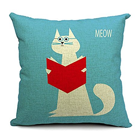 18''X 18'' Village Cute Cat Cotton Linen Decorative Throw Pillow Cover Cushion Case (Sky Blue)