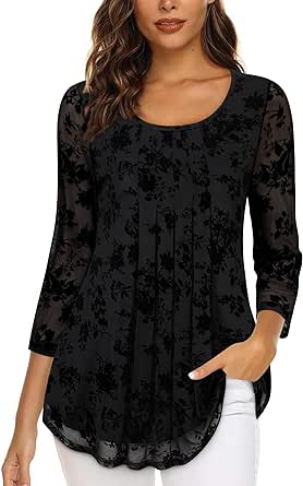 Timeson Women's Casual 3/4 Sleeve Tunic Tops Floral Double Layers Blouses Loose Fit Pleated Mesh Shirts