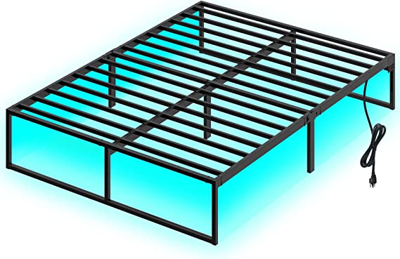 Rolanstar Queen Bed Frame with Power Outlets& Led Lights, 14 Inch Metal Platform Bed Frame with Heavy Duty Steel Slat Support, Storage Space Beneath Bed, No Box Spring Needed, Noise Free, Black