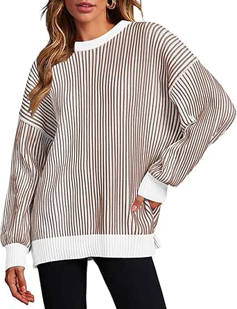 Zeagoo Women 2024 Fall Sweater Crew Neck Casual Long Sleeve Color Block Loose Pullover Rib Knit Blouse Tops XS-2XL