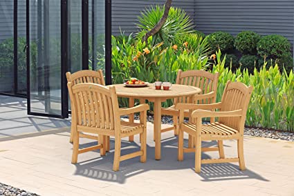 Amazonia Pennsylvania 5-Piece Outdoor Round Dining Table Set | Certified Teak | Ideal for Patio and Indoors, Brown