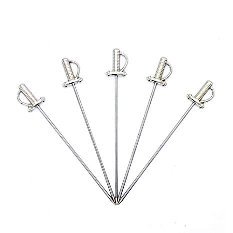 5 Pcs Stainless Steel Cocktail Picks Reusable Toothpicks Fruit Sticks（Sword）