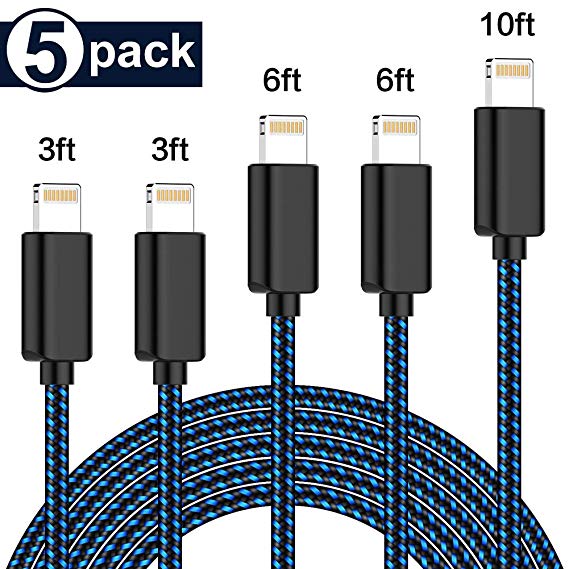 PLmuzsz MFi Certified iPhone Charger Lightning Cable 5 Pack Extra Long Nylon Braided USB Charging & Syncing Cord Compatible iPhone Xs/Max/XR/X/8/8Plus/7/7Plus/6S/6S Plus/SE/iPad/Nan More blue