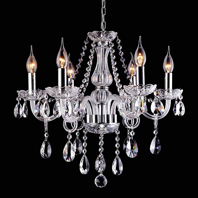 BEIRIO D01 Classic K9 Crystal Chandelier, 6 Lights Pendant Ceiling Fixture Lamp for Elegant Decoration, 21.7" × 19.7" Chrome, Easy to Install