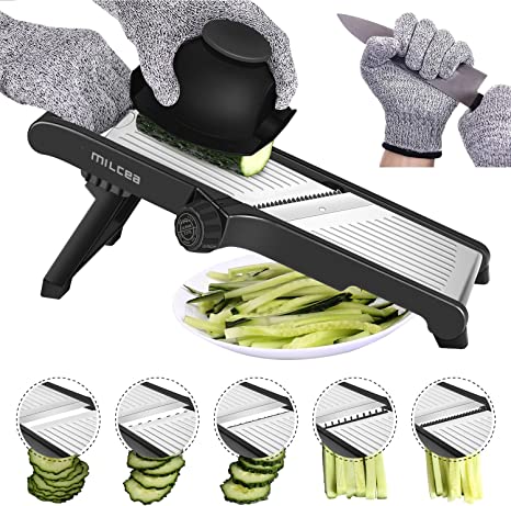 Mandolin Slicer, MILcea Vegetable Slicer Adjustable Blade 1-9mm Slicer Julienne and Waffle Cutter for Potato Onion Food Chopper, with Protective Gloves (Black)