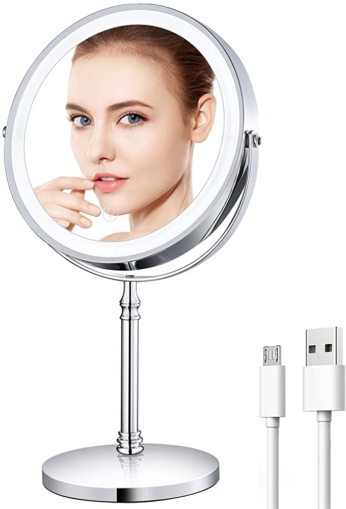 Rechargeable 8'' Lighted Makeup Mirror, 10X Magnifying Vanity Mirror with LED Lights, Double-Sided Cosmetic Mirror Battery Powered, Touch Button Adjust Brightness