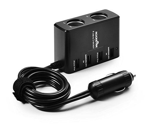 Car Splitter Charger, Rocketek® 6A/30W 4 port USB Car Charger Adapter with 2 Socket Cigarette Lighter Adapter | Build-in 85cm Cable | Car USB for iPhone, HTC, Samsung, GPS and more