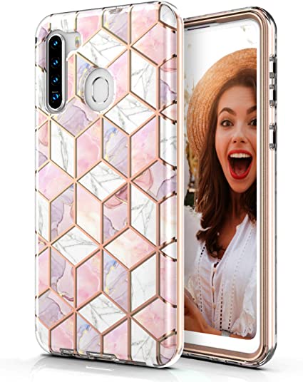 Hasaky Samsung Galaxy A21 (2020) Case,Dual Layer Hybrid Bumper Clear Rose Gold Marble Design Soft TPU Hard Back Heavy Duty Anti-Scratch Shockproof Protective Phone Case for Galaxy A21-Pink/Rose Gold.