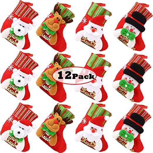 FUNYU Mini Christmas Stockings, Xmas Stockings 3D Character Plush Santa, Snowman, Reindeer, Bear, Small Bulk Red Stocking 6" Christmas Tree Decorations - 12 Stockings