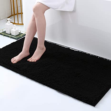 Olanly Luxury Chenille Bathroom Rugs, Bath Shower Mat Machine Wash Dry, Non Slip Absorbent Shaggy Bath Rug for Tub, Shower and Bath Room 24" x 47", Black