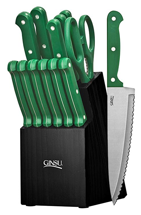 Ginsu Essential Series 14-Piece Stainless Steel Serrated Knife Set – Cutlery Set with Green Kitchen Knives in a Black Block, 03888DS