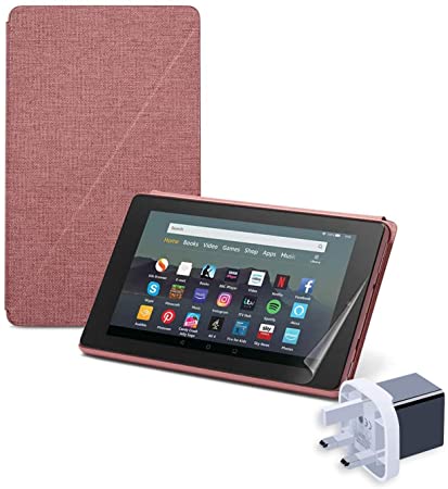 Fire HD 10 Essentials Bundle | Includes Fire HD 10 Tablet (32GB, Plum, with Ads), Amazon Standing Case (Plum), NuPro Screen Protector Kit (2-Pack), 15W USB-C Fast Charger