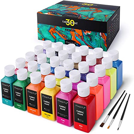 Magicfly Permanent Soft Fabric Paint Set, Set of 30(60ml Each) Textile Paints with 3 Brushes, No Heating Needed & Washable Fabric Paint for Clothes, Canvas, T-Shirts, Jeans, Bags, All DIY Projects