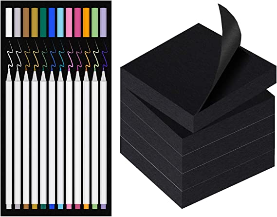 Black Sticky Notes (500 ct)   Metallic Paint Pen Markers for Black Paper (12 Color incl. white) - 3" x 3" Black Notes, 5 Pads, 100 Sheets each. Metallic Paint Pens, Similar to Gel Pens for Black Paper