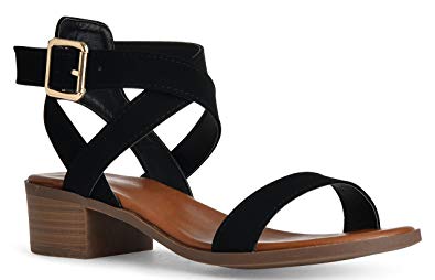 LUSTHAVE Women's Front Strap Ankle Wrap Adjustable Buckle Stacked Chunky Heel Gladiator Summer Dress Sandal