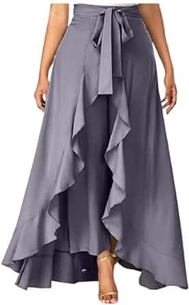 Solid Ruffled Wrap Maxi with Attached Casual Palazzo Rayon Ruffle Palazzo Pants Flare Loose Pants Skirt Wide Leg Trousers
