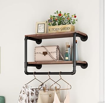 HOMEKAYT Industrial Pipe Shelving Wall Mounted Rustic Wood Shelf Industrial Floating Shelves (Black 2-Tier, 24'')