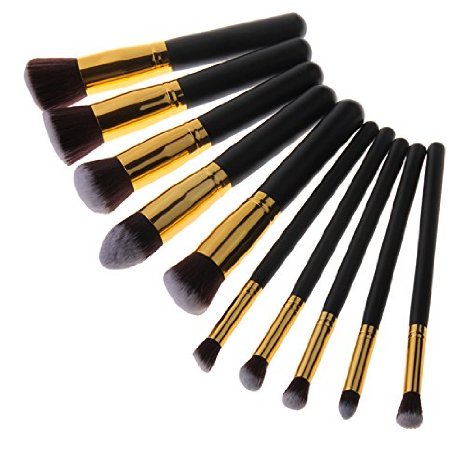 Unimeix 10 pcs Premium Synthetic Kabuki Makeup Brush Set Cosmetics Foundation Blending Blush Eyeliner Face Powder Brush Makeup Brush Kit Black Golden