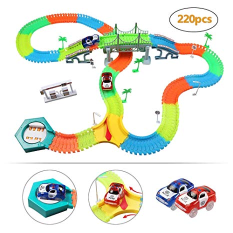 Glow Tracks, infinitoo 220 Pcs Twister Track Cars, Glow Flexible Racing Track Set, Car Toys for Kids Toddlers over 3 Year old , 2 Light-up Racing Cars Glow in the Dark with Overpass components and Various Accessories, Perfect Holiday Birthday Gifts for Boys and Girls