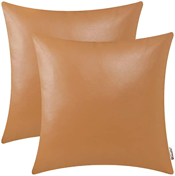 BRAWARM Pack of 2 Cozy Throw Pillow Covers Cases for Couch Sofa Home Decoration Solid Dyed Soft Faux Leather Both Sides 18 X 18 Inches Tan