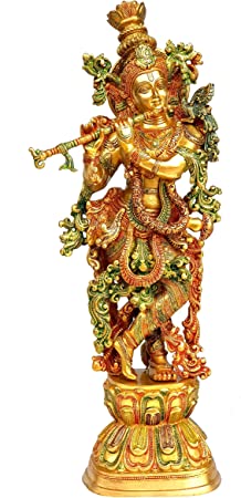 Esplanade - Brass Krishna Krishan Murti Idol Statue Sculpture (29" Inches - Very Big Size) Multicolour (Krishna Coloured)
