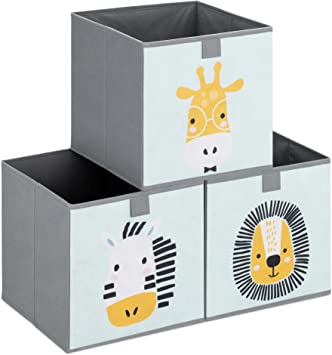 Navaris Kids Storage Cubes (Set of 3) - Storage Boxes 11x11x11 with Animal Designs - Children's Cube Bins Fabric Organizer Bin - Mint Green