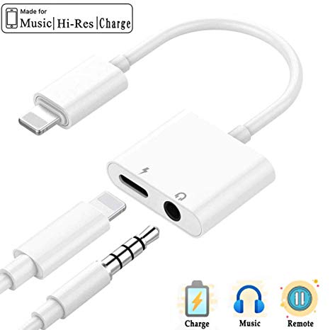 for iPhone Dongle Splitter 3.5 mm Headphone Jack Adapter Charger for iPhone 11/8/8 Plus/7 Plus/X/10/XS/XS Max/XR Earphone Adaptor and Listen to Music 3.5 mm Aux Audio and Charger Adaptor for All iOS