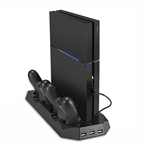 PS4 Cooling Stand,TechRise PS4 Vertical Stand Cooling Fan Cooler Controller Charger Charging Station for Playstation 4 - Black