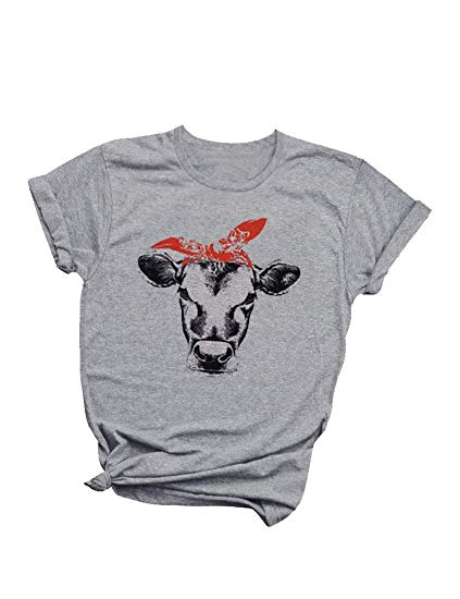SCX Women Loose Round Neck Tees Cow Head with Bowknot Tees Cartoon Print Skinny Cow T Shirts