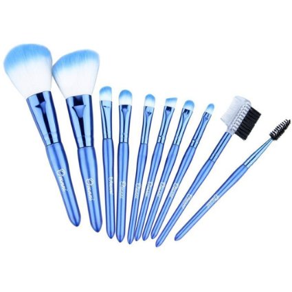 10 Pcs Makeup Brush Set Korean Synthetic Hair and Pearl Blue Leather Bag Case, Including Powder Trimming Brush, Angled Eyeshadow Brush, Nose Eyeshadow Eyebrow Eyelash Brush, Lip Brush and Comb Brush