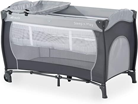 Hauck Travel Cot Set Sleep N Play Center / for Babys and Toddlers from Birth up to 15 kg / 120 x 60 cm / Changing Table / 2nd Level / Wheels / Side Hatch / Foldable / Transport Bag / Grey