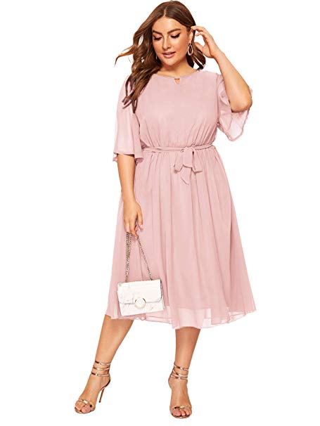 Romwe Women's Plus Size Mesh Elegant Half Ruffle Sleeve Belted Cocktail Party Swing Midi Dress